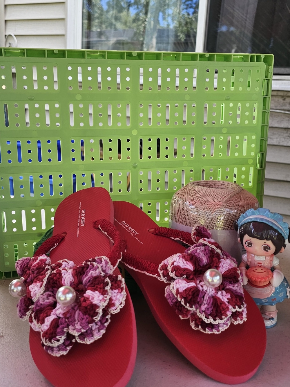 Old Navy Red Flip Flops with Pink & White Crochet Flowers